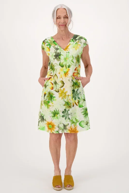 GREEN FLORAL V-NECK DRESS