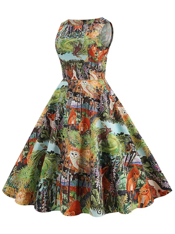 1950s-forest-animal-allover-printed-dress