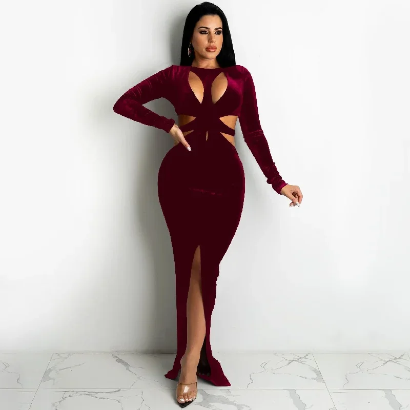 Julia Fashion - Sexy O Neck Cut Out Long Sleeve Split Maxi Dress