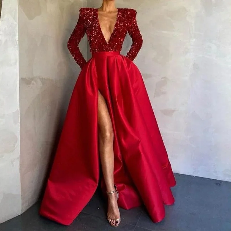 2022-prom-dresses-women-sequins-satin-patchwork-v-neck-infront-split-dresses-evening-party-dresses-wedding-guest-dresses-dance-dress