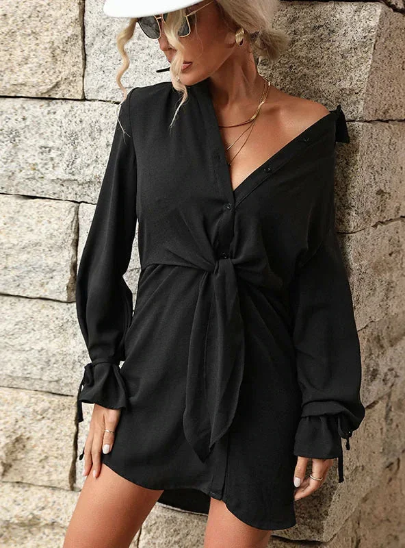 TastyHottie - CARDIGAN LAPEL LONG SLEEVE KNOTTED SHIRT DRESS