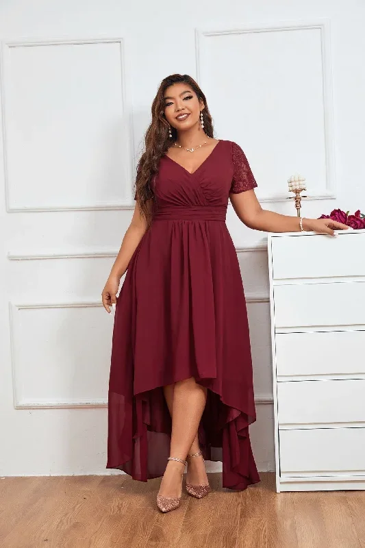 TastyHottie - Lace Burgundy Plus Size Asymmetrical Party Dress