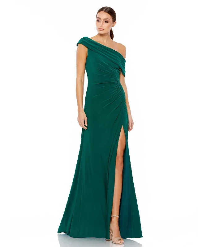 Foldover Off-the-Shoulder Slit Gown