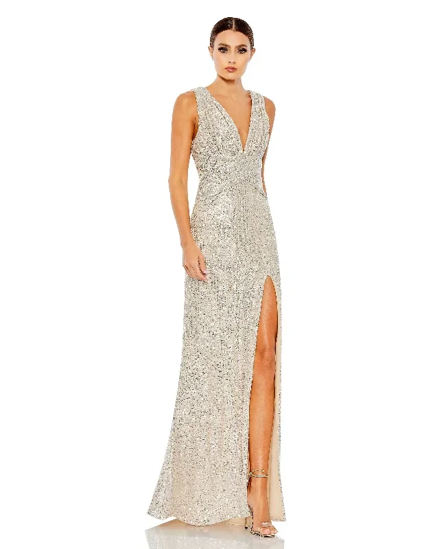 V-Neck Sequin Wrap Waist Gown