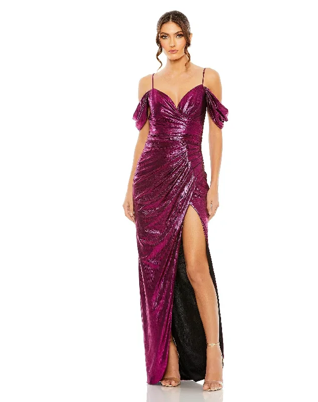 Off The Shoulder Cap Sleeve Faux Wrap Gown