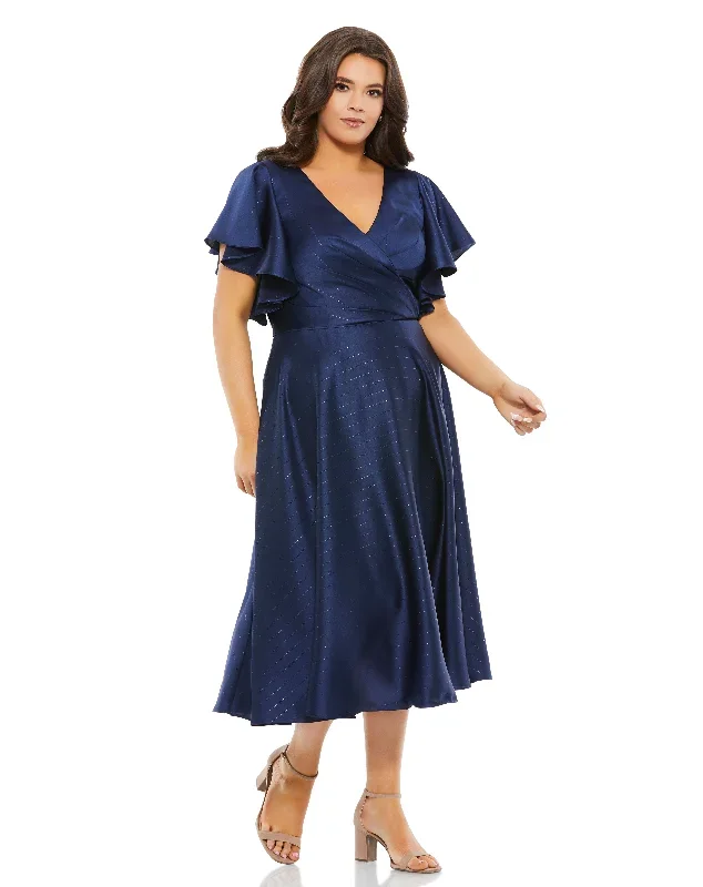 Faux Wrap Butterfly Sleeve Flowy Midi Dress (Plus)