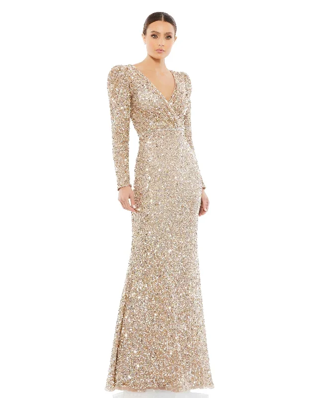 Puff Shoulder Sequined Surplice Gown