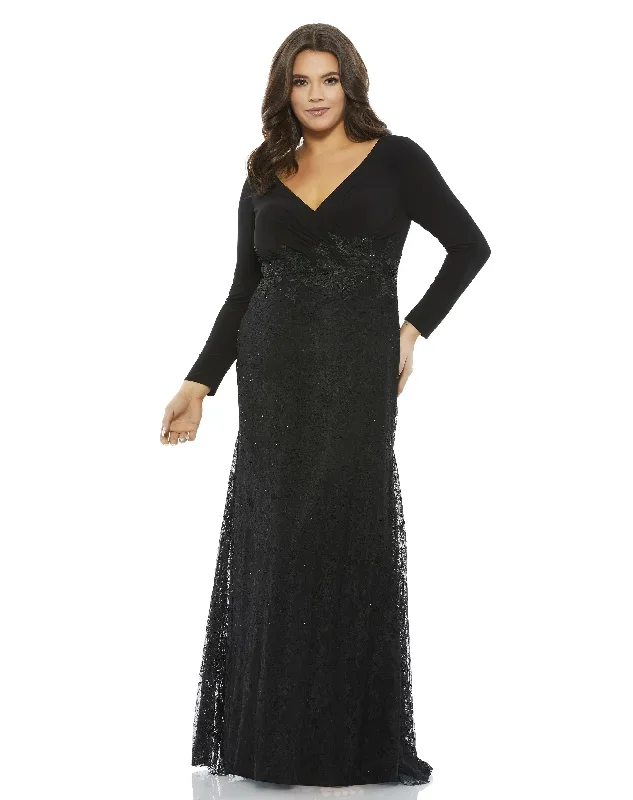 Wrap-Over Long Sleeve Lace Applique Trumpet Gown (Plus)