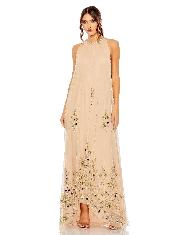 High Neck Floral Embellished Trapeze Gown