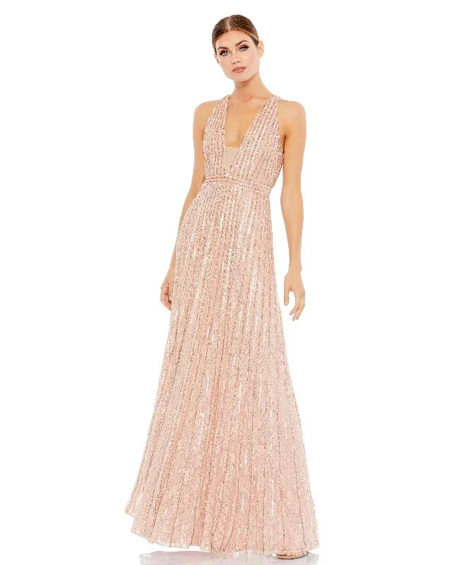 Sequined Sleeveless Plunge Neck Flowy Gown