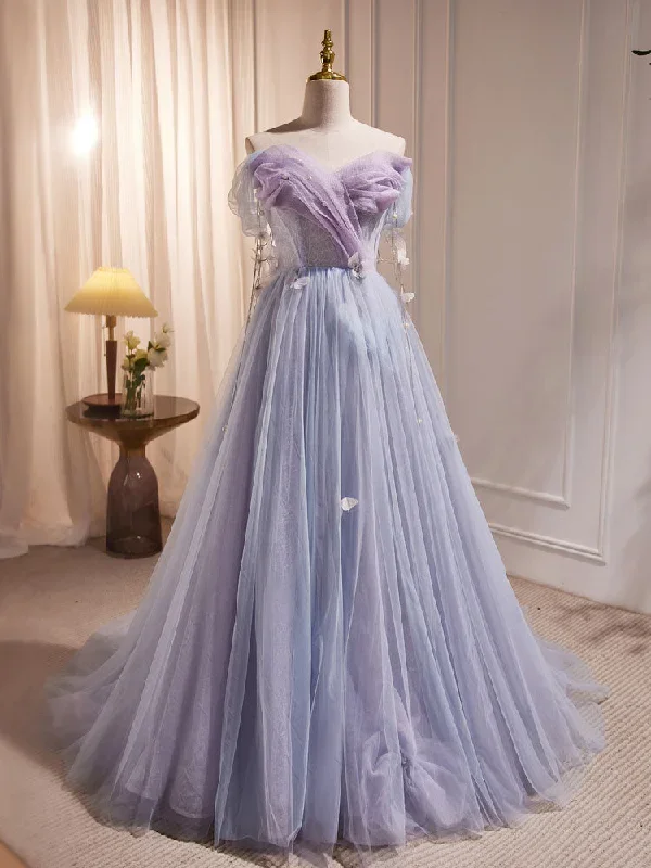 A-Line Sweetheart Neck Tulle Purple Long Prom Dress, Purple Formal Dress