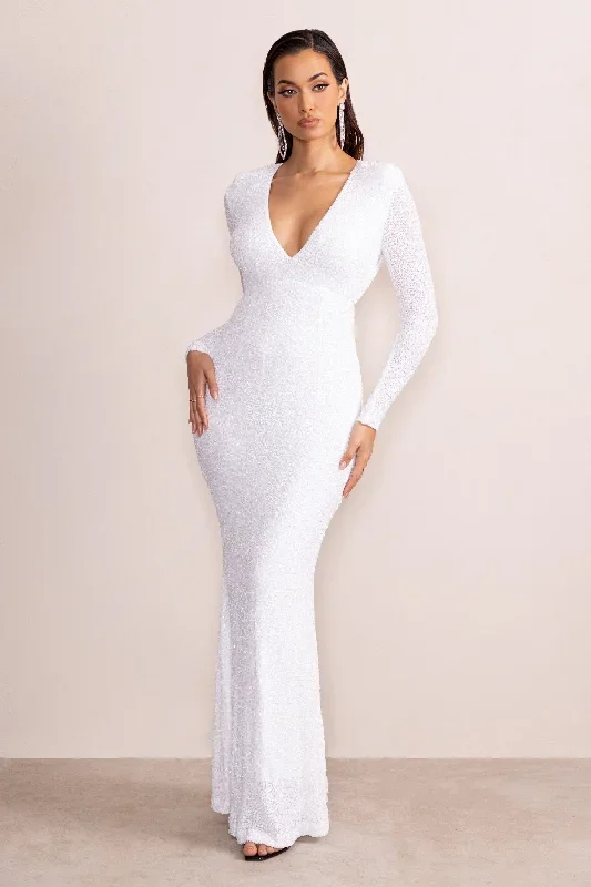 Amani | White Sequin Plunge Neck Long Sleeves Fishtail Maxi Dress