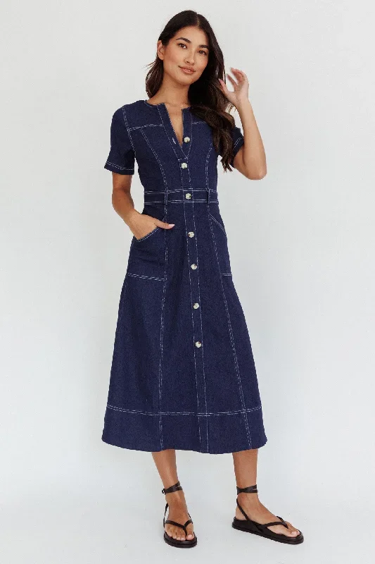 Aspen Love Front Pocket Midi Dress Indigo