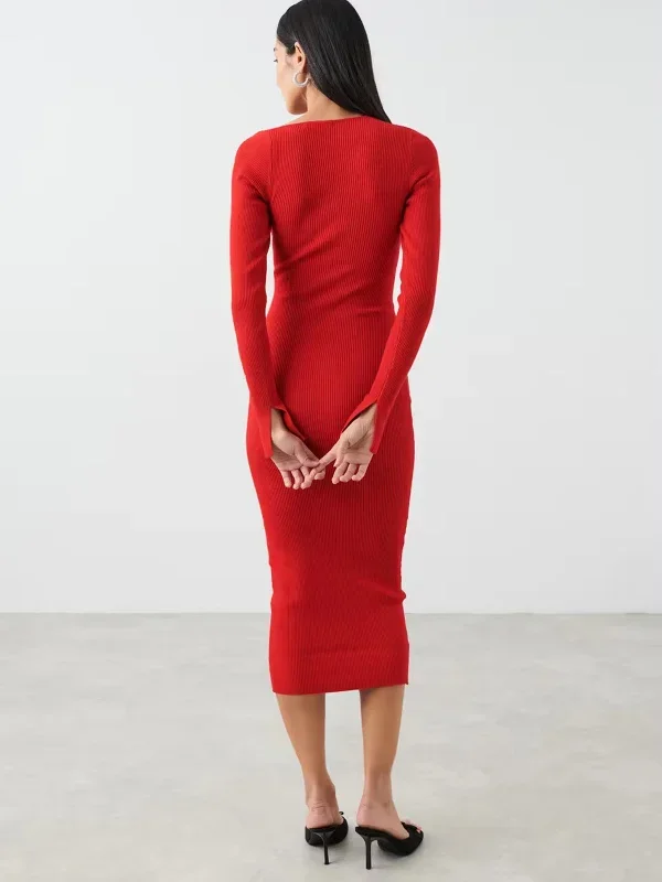 asymmetrical-shoulder-long-sleeve-slit-cuff-sweater-midi-dress