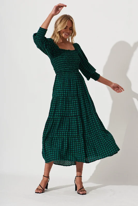 Athens Maxi Dress In Green With Black Gingham Check