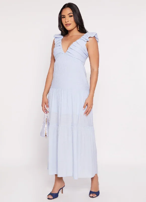 Ruched V Neck Tiered Maxi Dress