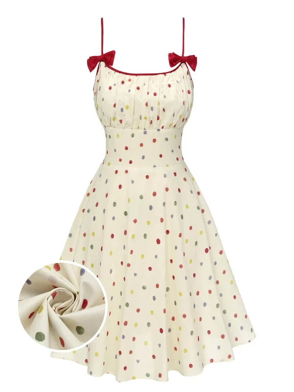 [Pre-Sale] Beige 1950s Polka Dots Bow Straps Dress