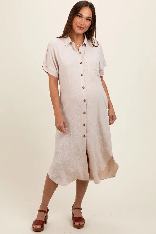 beige-button-down-front-pocket-maternity-midi-dress