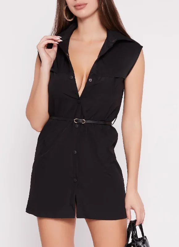 Belted Sleeveless Snap Button Front Mini Dress