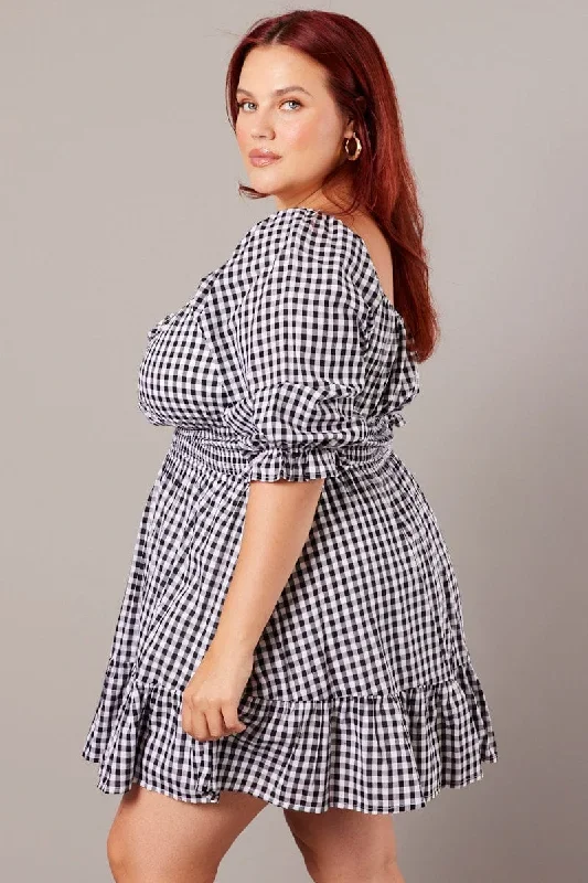 black-check-mini-dress-3-4-sleeve-shirred-gingham-cdd9007lv-33ab-1