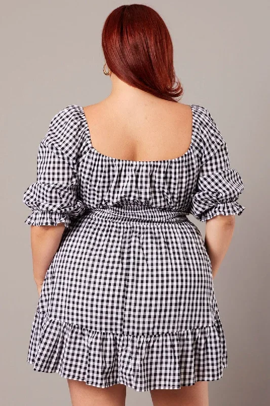 black-check-mini-dress-3-4-sleeve-shirred-gingham-cdd9007lv-33ab-1