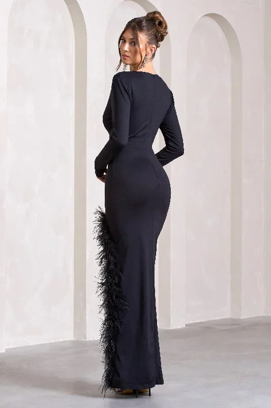 black-feather-plunge-neck-thigh-split-maxi-dress