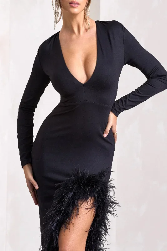 black-feather-plunge-neck-thigh-split-maxi-dress