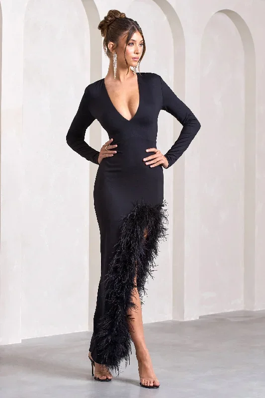 black-feather-plunge-neck-thigh-split-maxi-dress