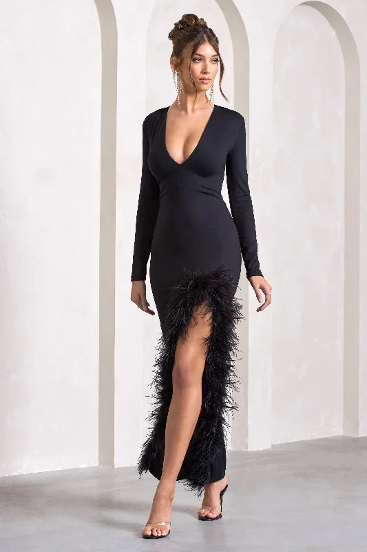 black-feather-plunge-neck-thigh-split-maxi-dress