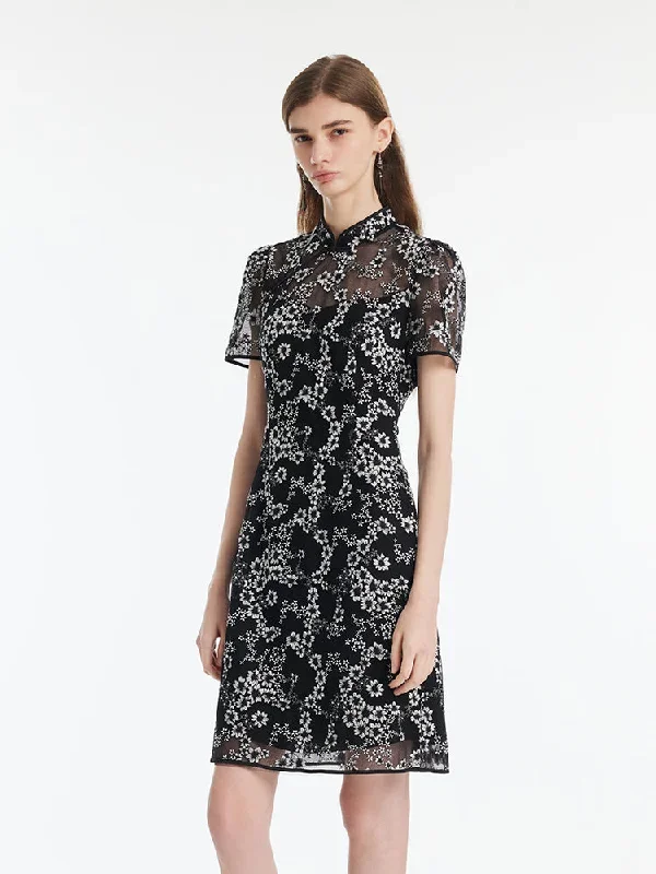 Black Floral Embroidery Cheongsam Women Mini Qipao Dress