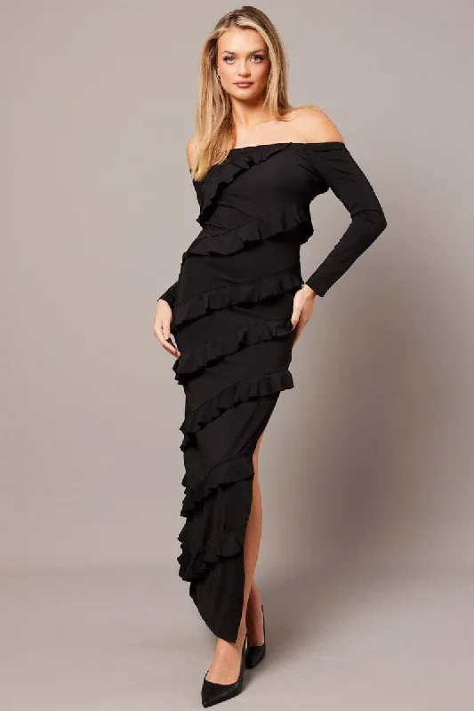 Black Maxi Dress Off Shoulder Ruffle Bardot Dress