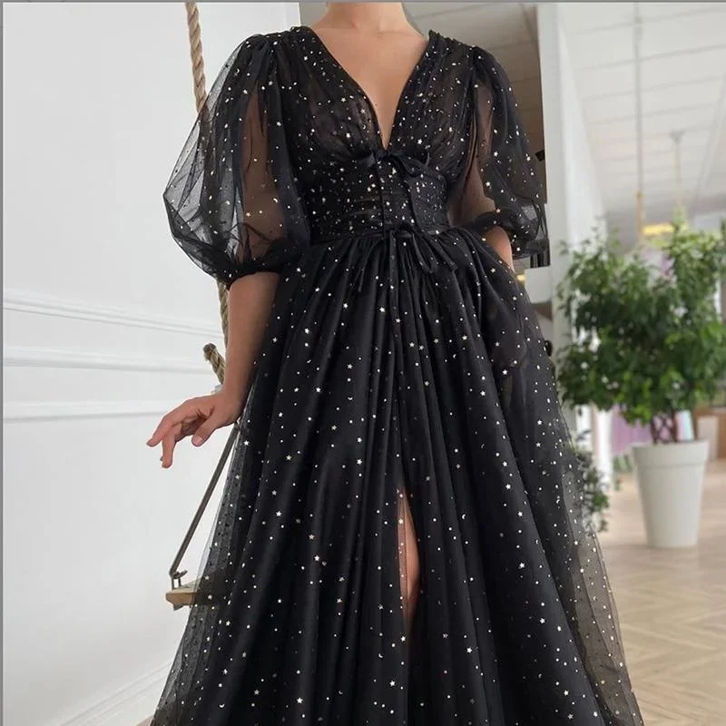 black-mesh-starry-tulle-elegant-dresses-women-sparkly-v-neck-puff-sleeves-wedding-party-button-lace-up-split-gowns-club-dress