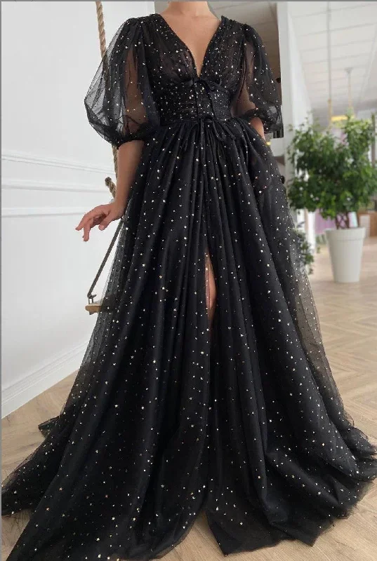 black-mesh-starry-tulle-elegant-dresses-women-sparkly-v-neck-puff-sleeves-wedding-party-button-lace-up-split-gowns-club-dress