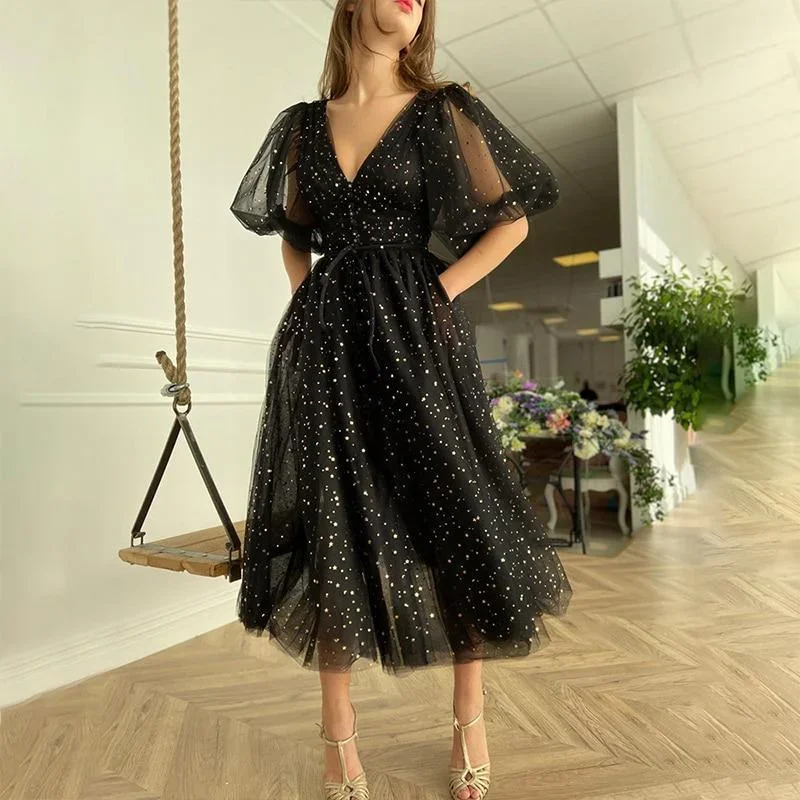 black-mesh-starry-tulle-elegant-dresses-women-sparkly-v-neck-puff-sleeves-wedding-party-button-lace-up-split-gowns-club-dress