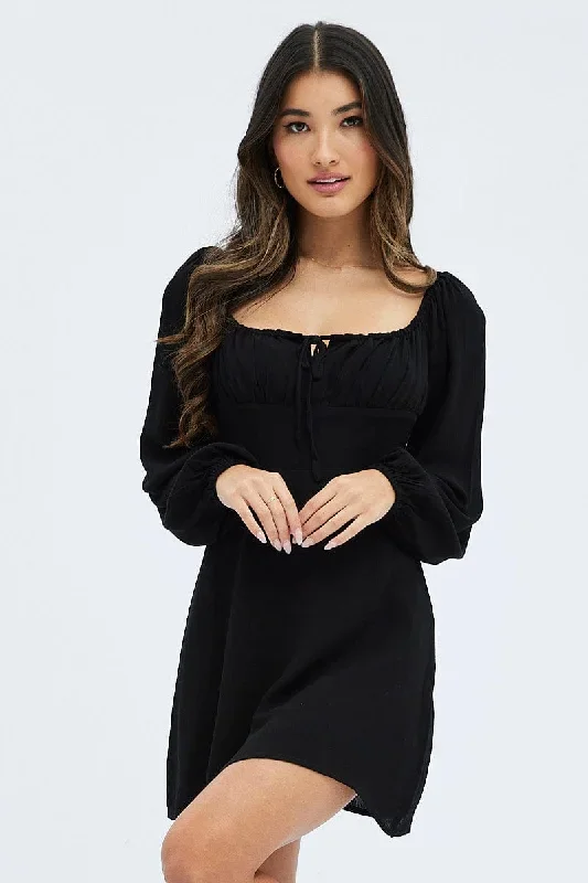 Black Mini Dress Ruched Bust Long Sleeve