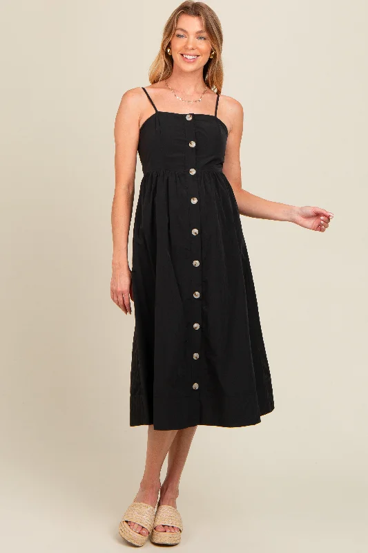 black-sleeveless-button-down-maternity-midi-dress