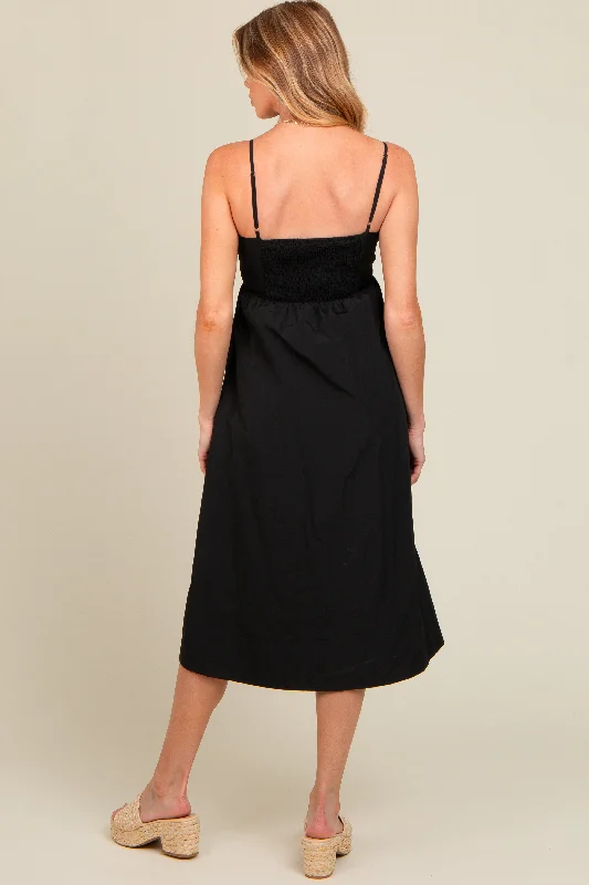 black-sleeveless-button-down-maternity-midi-dress