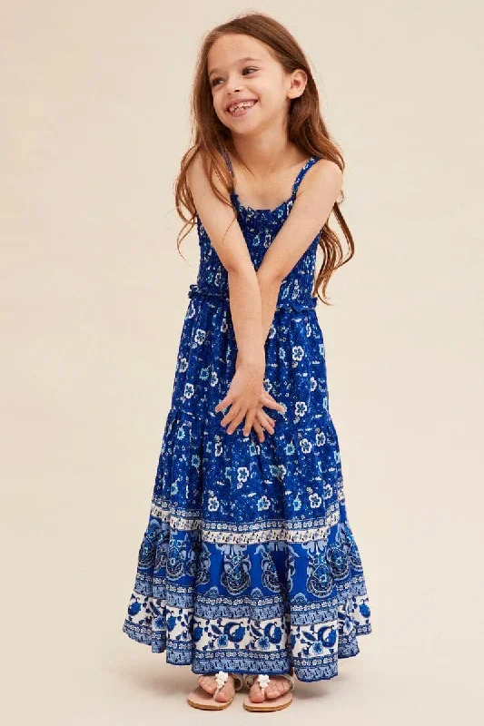 Blue Boho Kids Maxi Dress Sleeveless Tiered