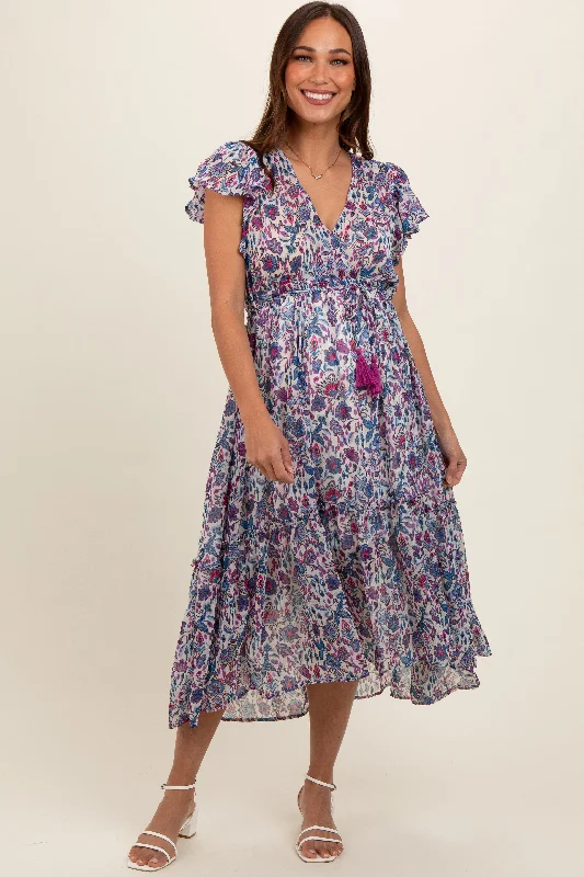 blue-floral-chiffon-flutter-sleeve-ruffle-hem-maternity-midi-dress