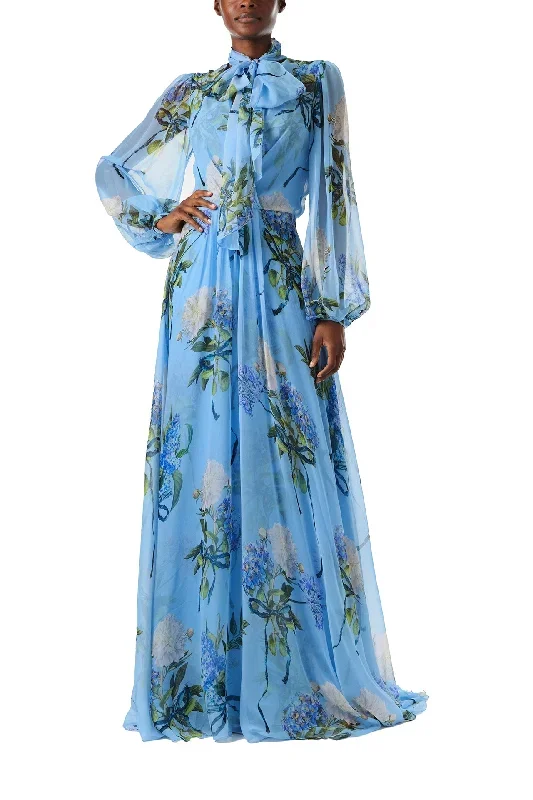 Floral Printed Chiffon Long Sleeve Gown