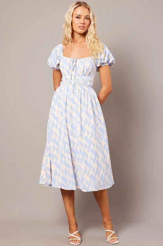 Blue Geo Midi Dress Short Sleeve Ruched Bust