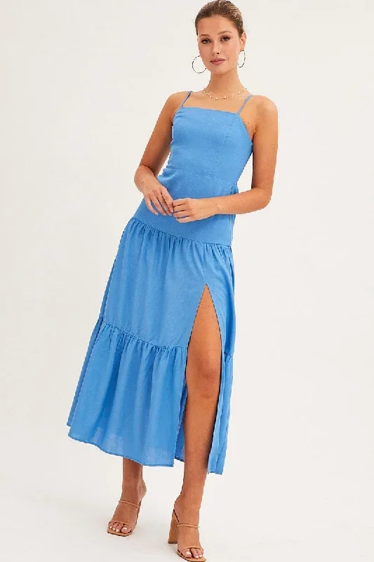 Blue Maxi Dress Sleeveless Square Neck Linen Blend