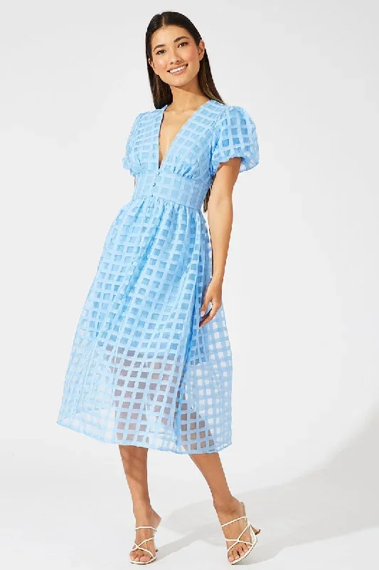 Blue Midi Dress Puff Sleeve V-Neck