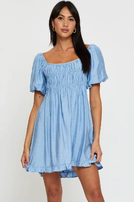 Blue Mini Dress Short Sleeve Evening