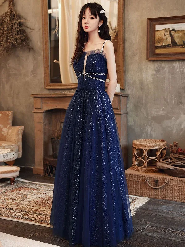 Blue Tulle A line Sequin Long Prom Dress, Blue Tulle Formal Dress