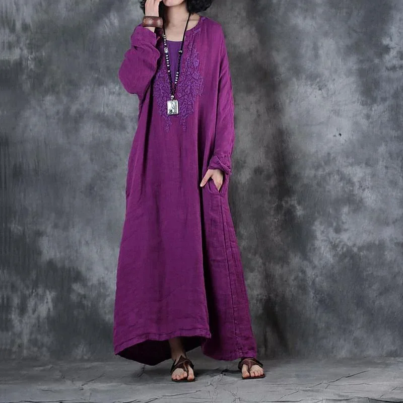 boutique purple long linen dress plus size clothing embroidery gown women long sleeve kaftans