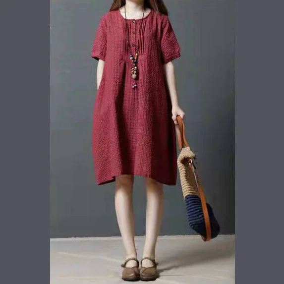 boutique red cotton shift dress oversize shirt dress women wild short sleeve natural cotton dress