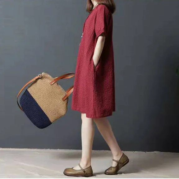 boutique-red-cotton-shift-dress-oversize-shirt-dress-women-wild-short-sleeve-natural-cotton-dress