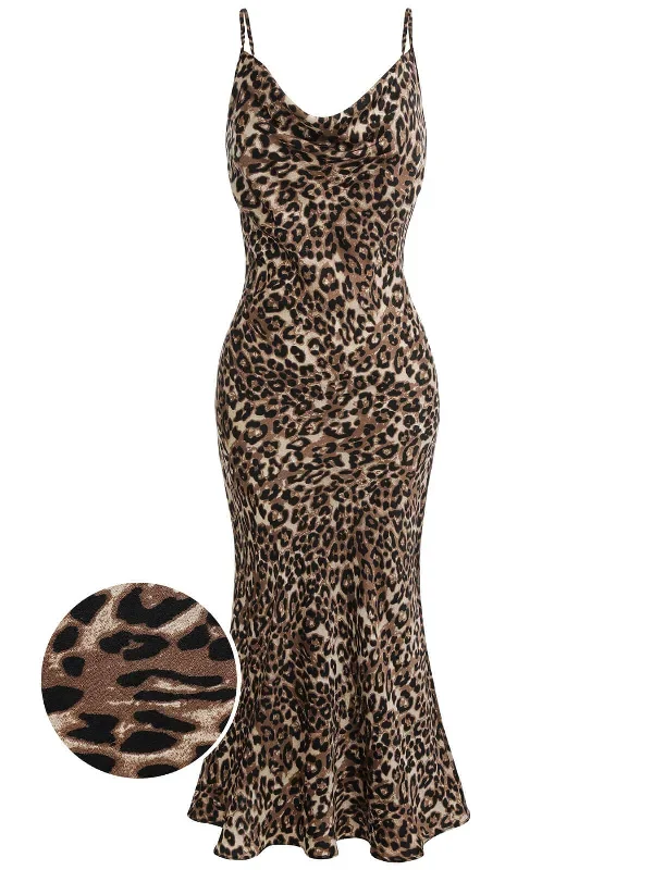 [Pre-Sale] Brown 1960s Leopard Strap Fishtail Dress