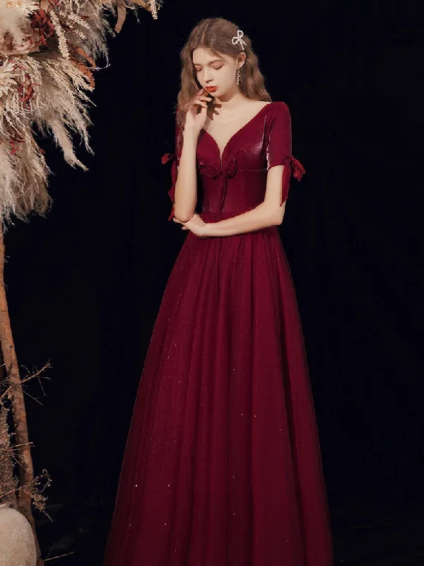 Burgundy A-line V Neck Tulle Long Prom Dress Burgundy Evening Dress